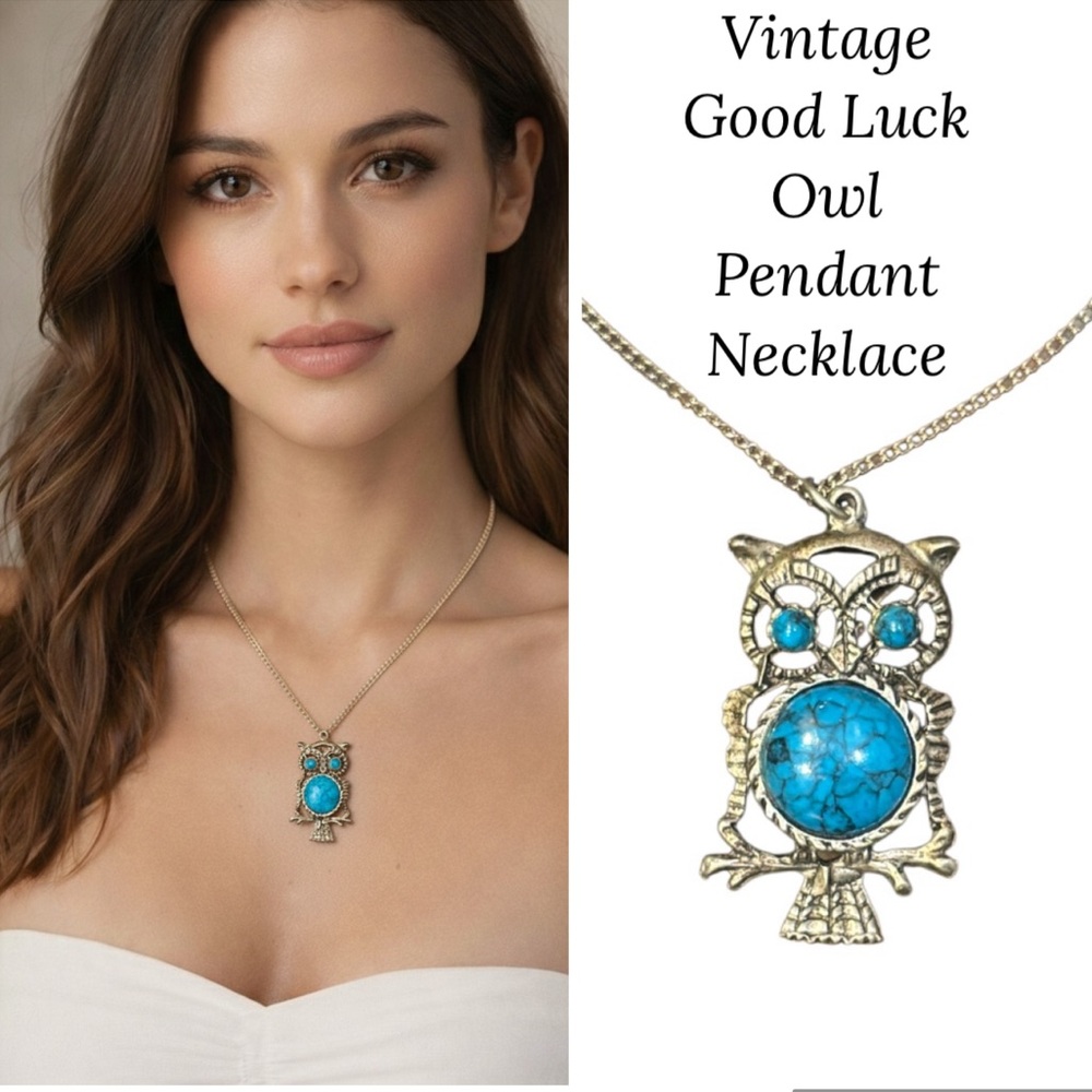 Vintage Owl Necklace Silver Link Chain Blue Green Turquoise